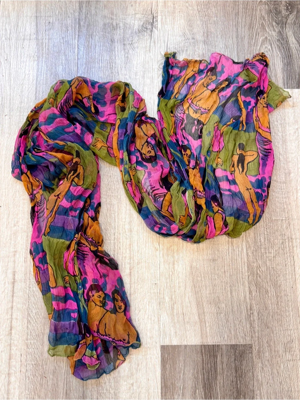 Colorful Crinkle Nude Figural Art Scarf 66”x20”Bold Abstract Vibrant Sheer